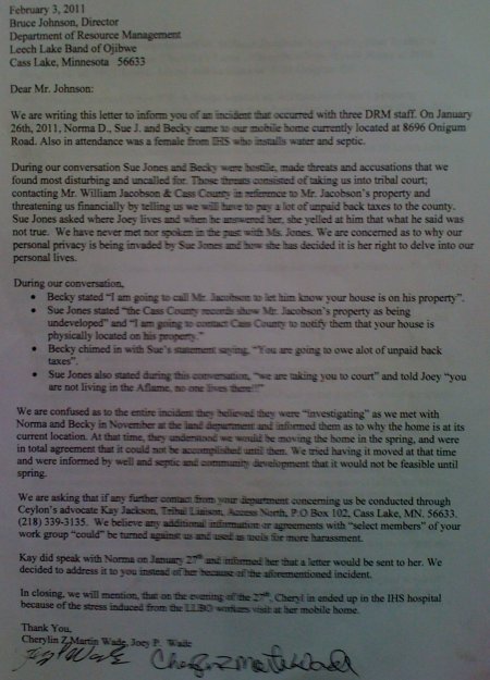 2011 letter to bruce johnson leech lake DRM about threats by his staff to us and mr william jacobson